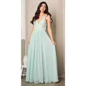 Maniju Sage green Crochet detail maxi gown SZ medium Prom wedding formal party